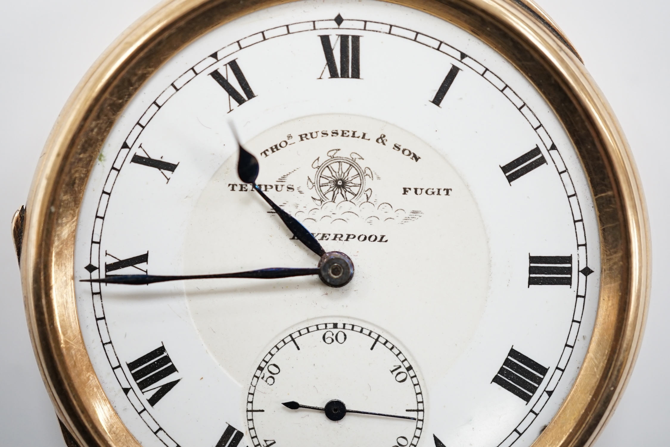 A 9ct gold open face pocket watch by Thomas Russell & Sons of Liverpool, with Roman dial